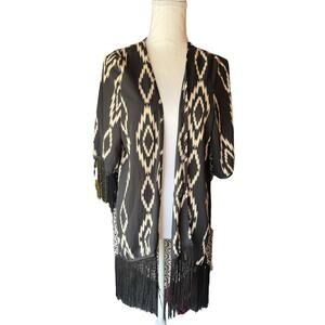 Rumors Women’s Vintage Kimono XL Black White Geometric Tassel Fringe
